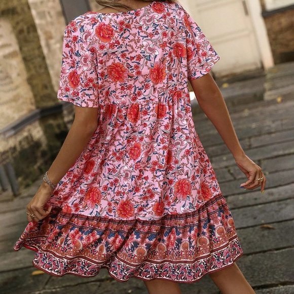 Boho Floral Print Tie Neck Smock Mini Dress - Picture 3 of 5